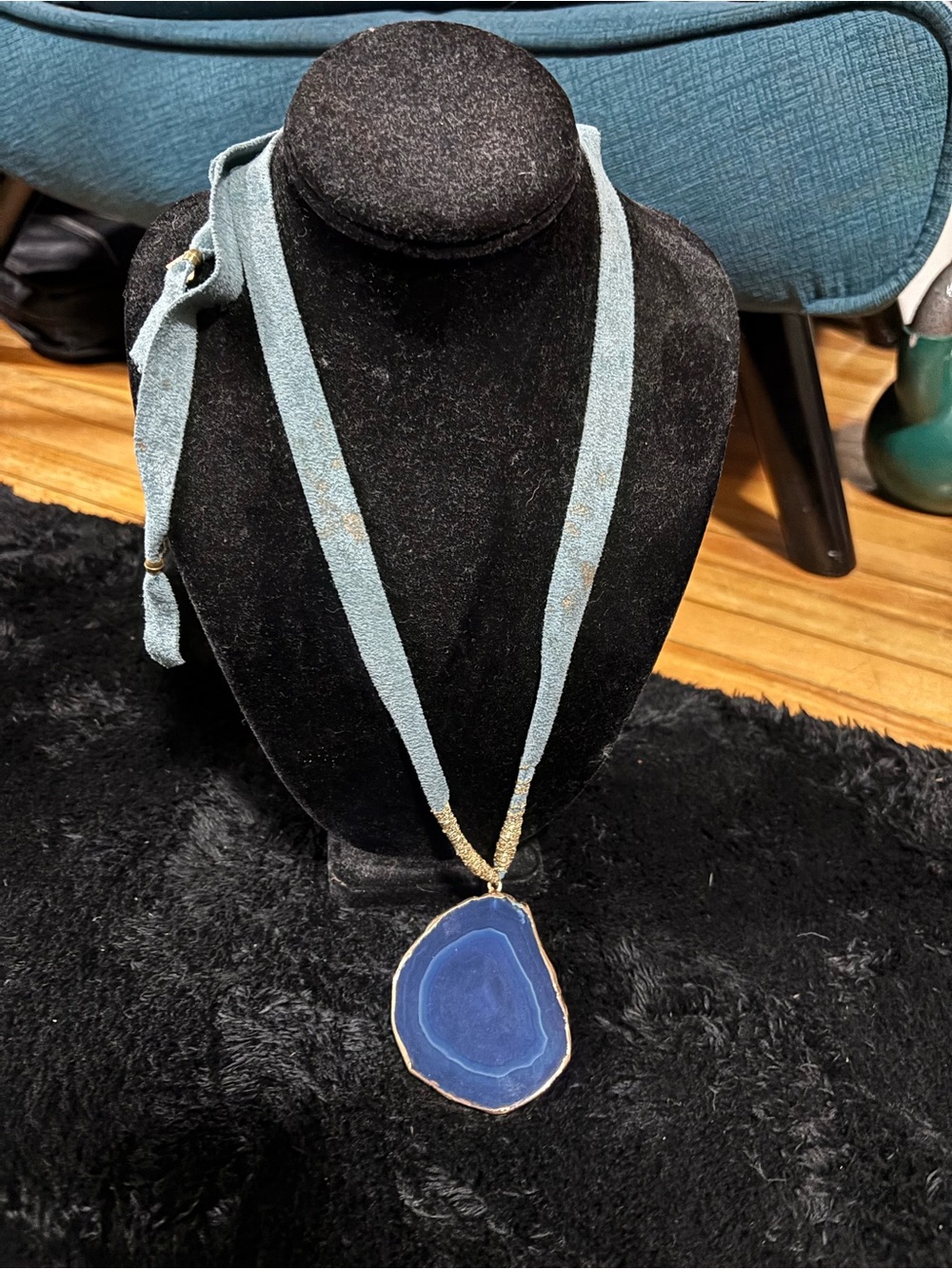 Blue Agate Slice Pendant Necklace on Fabric Cord